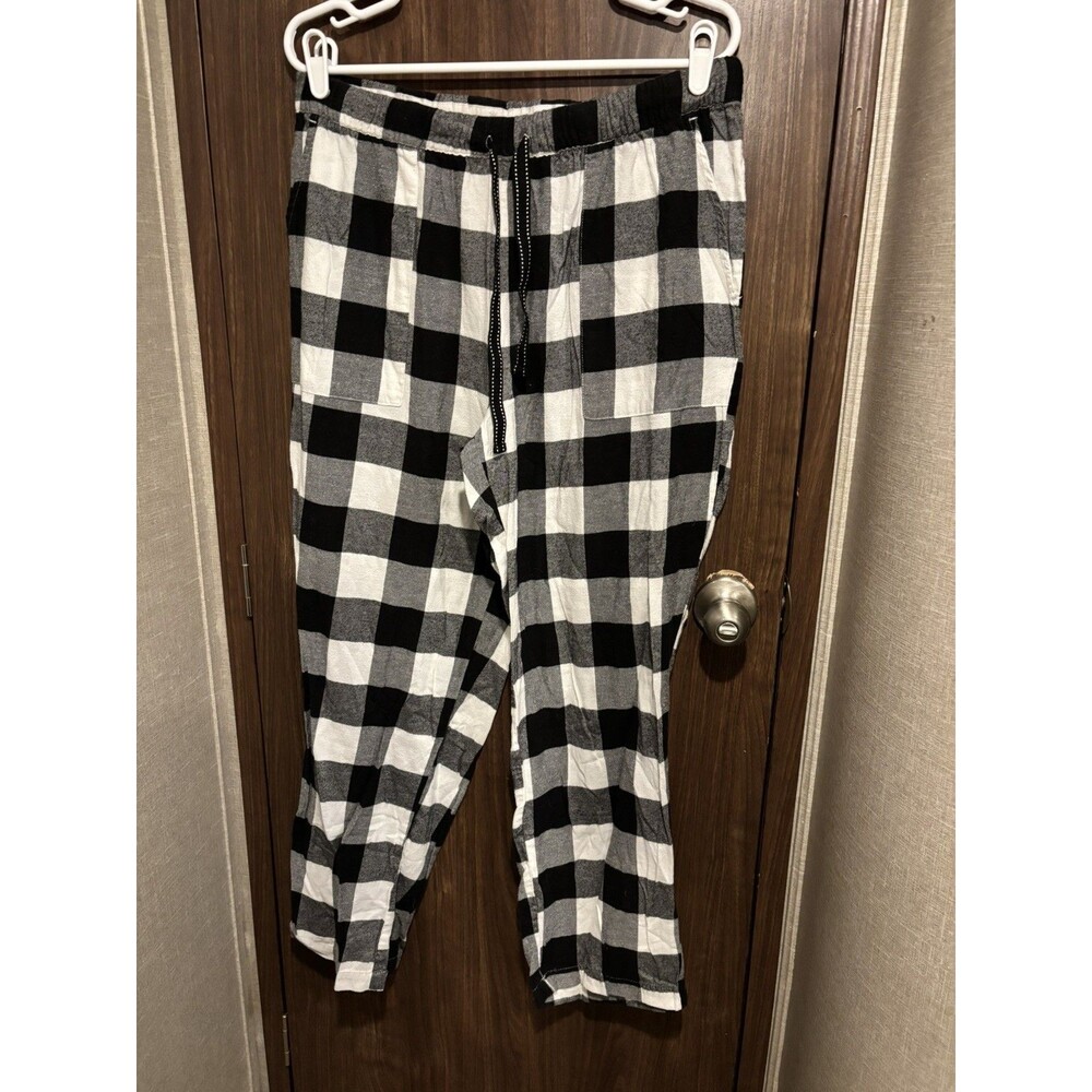 JoysPun Black White Gray Plaid Woven Pajama Pants Women's L Drawstring Waist
